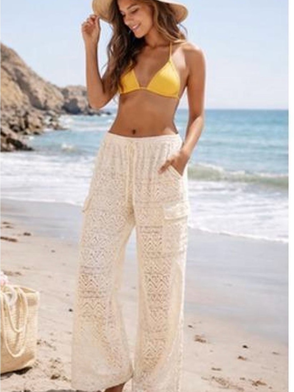 Hollister size large white Crochet Wide-Leg Beach Pants sheer high waisted